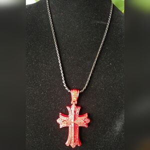 Elegant Red Cz Cross Pendant Necklace